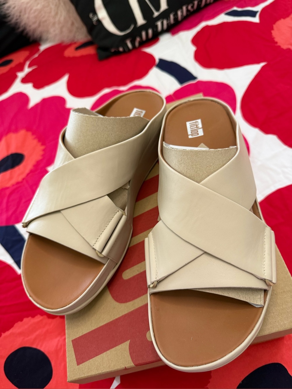 Fitflop Cream Cross-Strap Wedge Slide Sandals